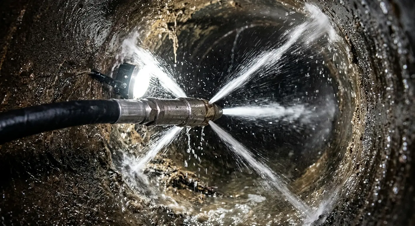 High-pressure hydro jetting nozzle cleaning sewer pipe for Emergency Drain Service in McMinnville