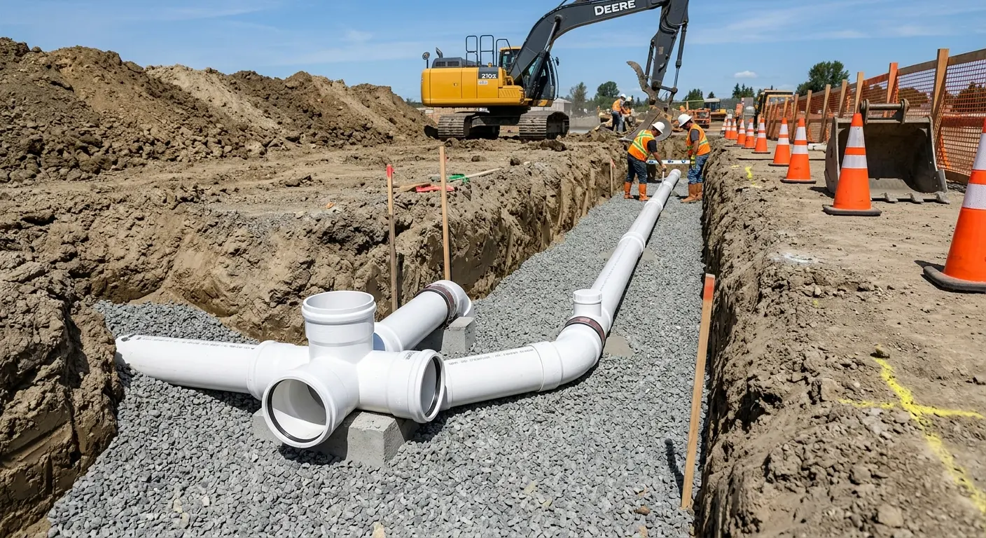 New PVC sewer pipe installation in open trench for Sewer Backup in McMinnville