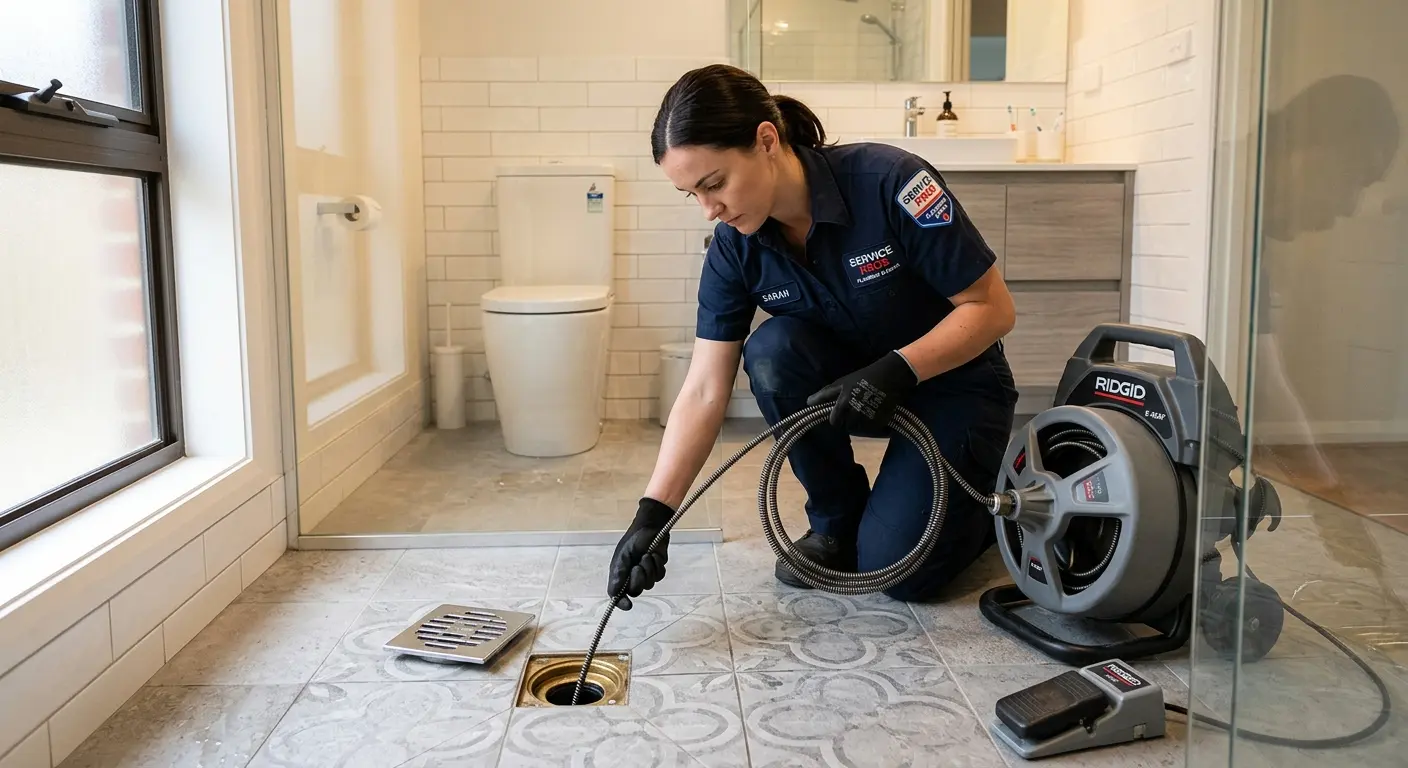 Technician clearing a bathroom floor drain for Drain Repair in McMinnville
